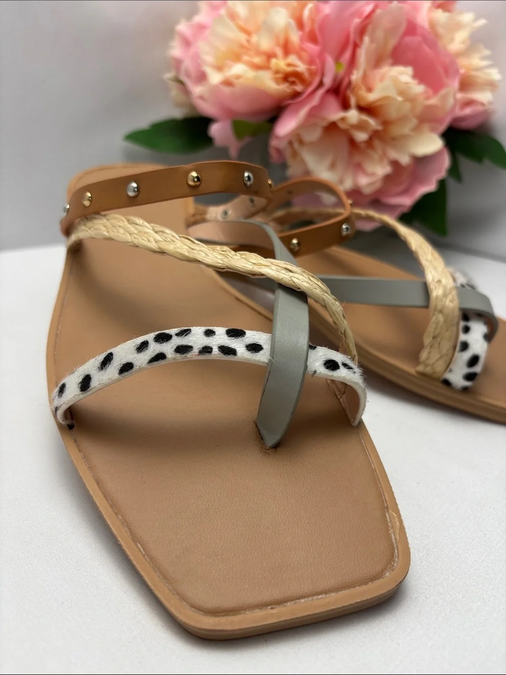 ZBY Womens 8.5 Multi-Texture Leopard Studs Strappy Slide Sandals - Tan #473